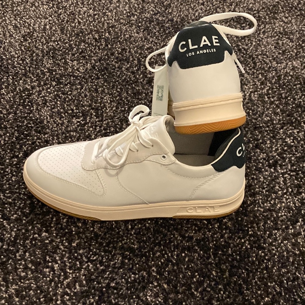 Clae White Low-Top Sneakers with Black Heel and Gum Outsole